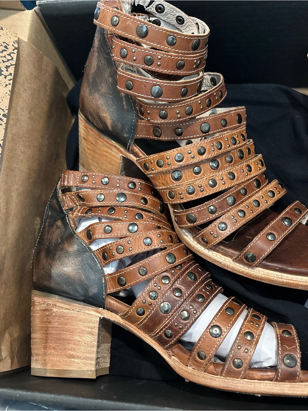 Women’s Cannes FreeBird by Steven’s Studded Brown Leather Strappy Block Heel
